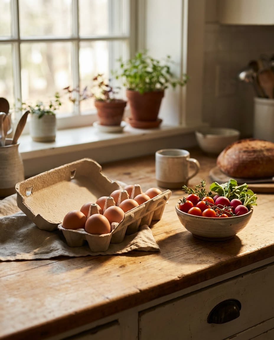 Cartón de huevos frescos en una cocina, listos para el desayuno